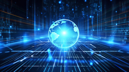 Fototapeta premium Artificial intelligence background, blockchain managed domain electronic devices network blue background