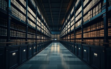 A long hallway with bookshelves in a library. Generative AI.