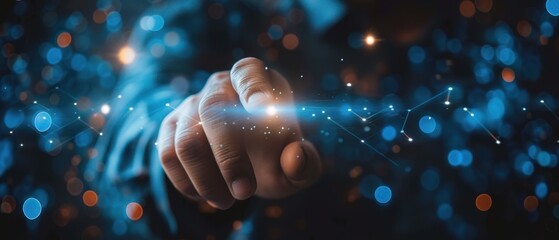 Close-up of a focused man interacting with a futuristic, digital interface with glowing elements and abstract shapes.