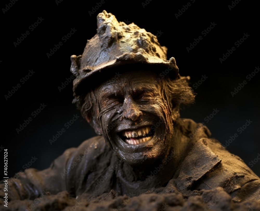 Poster a man in a hard hat is smiling in the mud. generative ai.