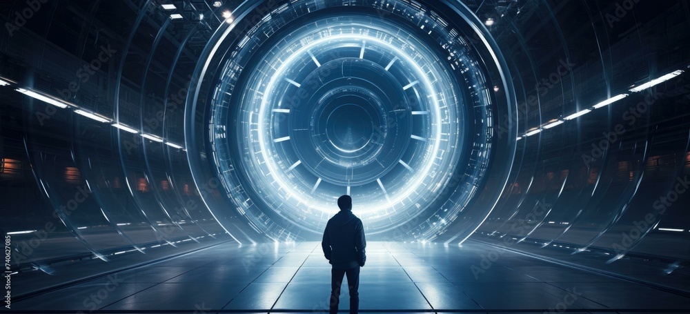 Poster a man standing in front of a futuristic tunnel. generative ai.