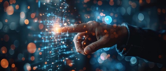 Close-up of a focused man interacting with a futuristic, digital interface with glowing elements and abstract shapes.