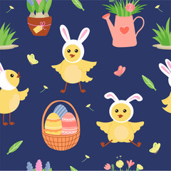 Easter beautiful seamless background. Cute cartoon chicks, easter basket with eggs and flowers on dark blue background. 