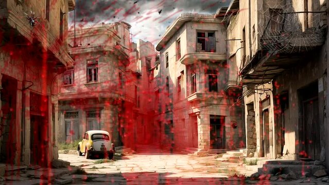 City after war and devastating earthquake. 