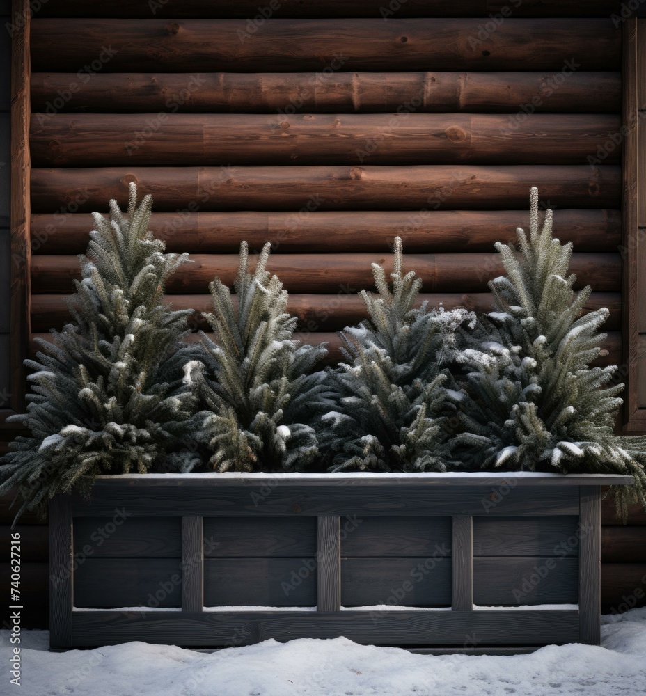 Poster a wooden planter with three evergreen trees in it. generative ai.