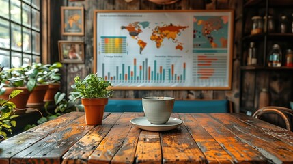 Cozy room with a rustic table, a coffee and on the wall, a poster of world maps with statistics