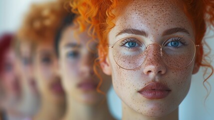 Red-haired young woman with glasses, looking at camera in a serious expression - obrazy, fototapety, plakaty