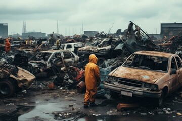 A man in an orange raincoat standing in a pile of junk. Generative AI.