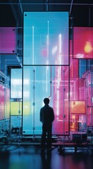 A man standing in front of a large display of colored lights. Generative AI.