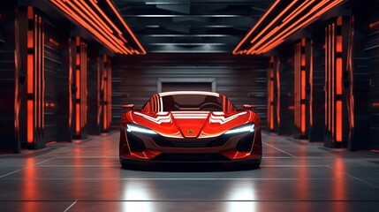 Unbranded red sport car on futuristic garage featuring. 3d Rendering background