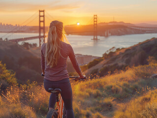 Woman riding a bike with Golden Gate Bridge in background in San Francisco