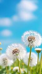 White dandelions on a background of blue sky with clouds