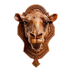 Mahogany wooden engraving Camel head trophy, wall hanging Isolated on transparent background.