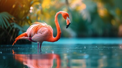 Caribbean flamingo standing in water with reflection. - obrazy, fototapety, plakaty