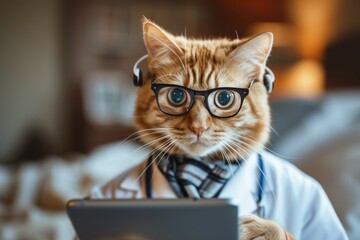 Cute and humorous close-up of a ginger cat wearing glasses and a stethoscope, styled like a medical doctor, in a home setting.