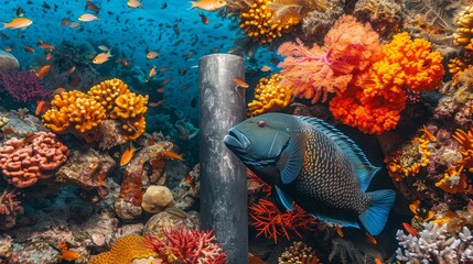 Naklejka na ściany i meble Colorful triggerfish swimming gracefully among vibrant corals in a saltwater aquarium ecosystem