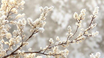 Frosted branches on a chilly day, with white frost clinging to the delicate buds against a blurred background