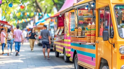 Colorful food truck at urban food festival with copy space, selective focus for text placement - obrazy, fototapety, plakaty