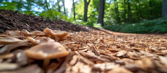 Obraz premium Autumn foliage and wild mushrooms on forest floor, natural woodland scene with fall leaves