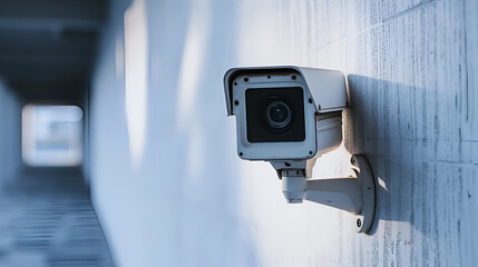 CCTV Security Camera Hanging on White Wall, Surveillance Technology for Safety and Security, Close-Up View, Generative Ai

