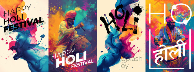 Happy Holi spring festival of colors poster set. Indian traditional holiday print. Fun on abstract colorful powder splashes. India national color celebration art banner. Hindu text translation Holi