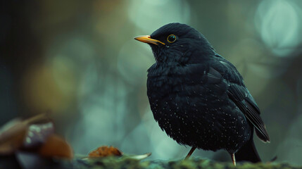 A portrait of a common blackbird.