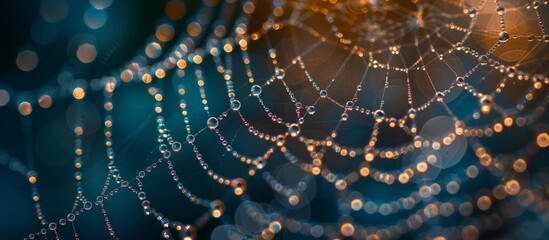 Captivating close up of glistening spider web with delicate water droplets in nature