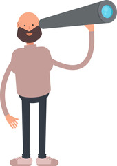 Beard Man Character Using Binoculars
