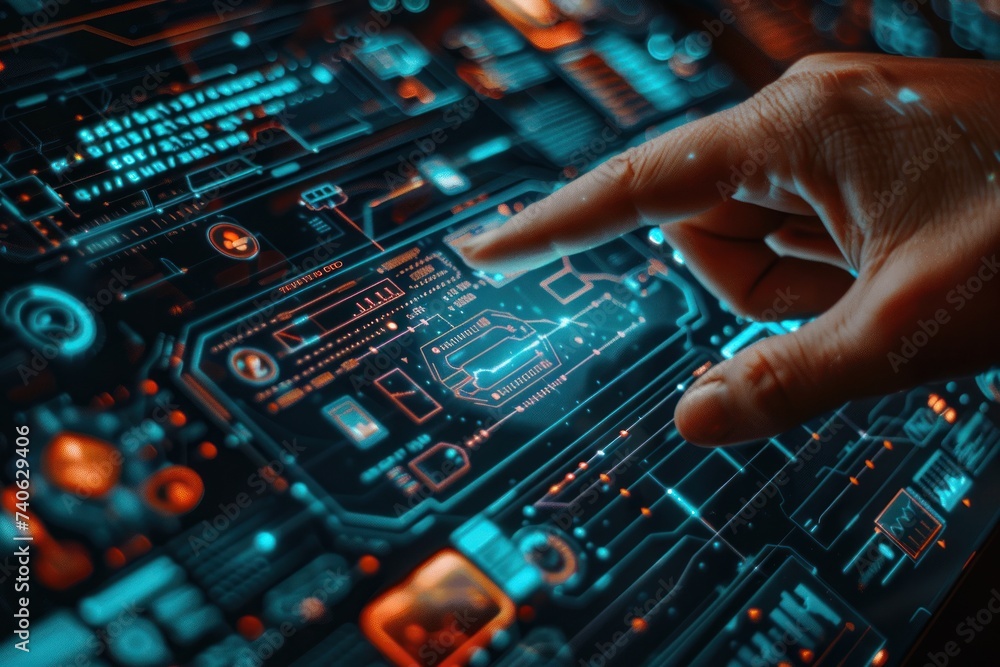 Poster finger pressing on digital circuit panel symbolizing intersection of technology and business in futu