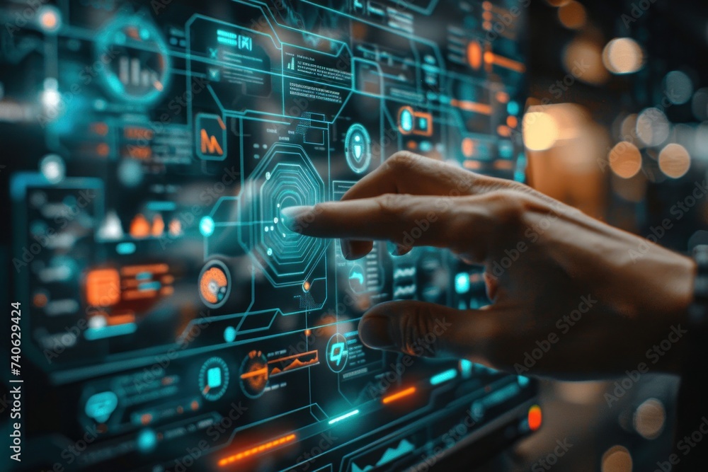 Poster finger pressing on digital circuit panel symbolizing intersection of technology and business in futu