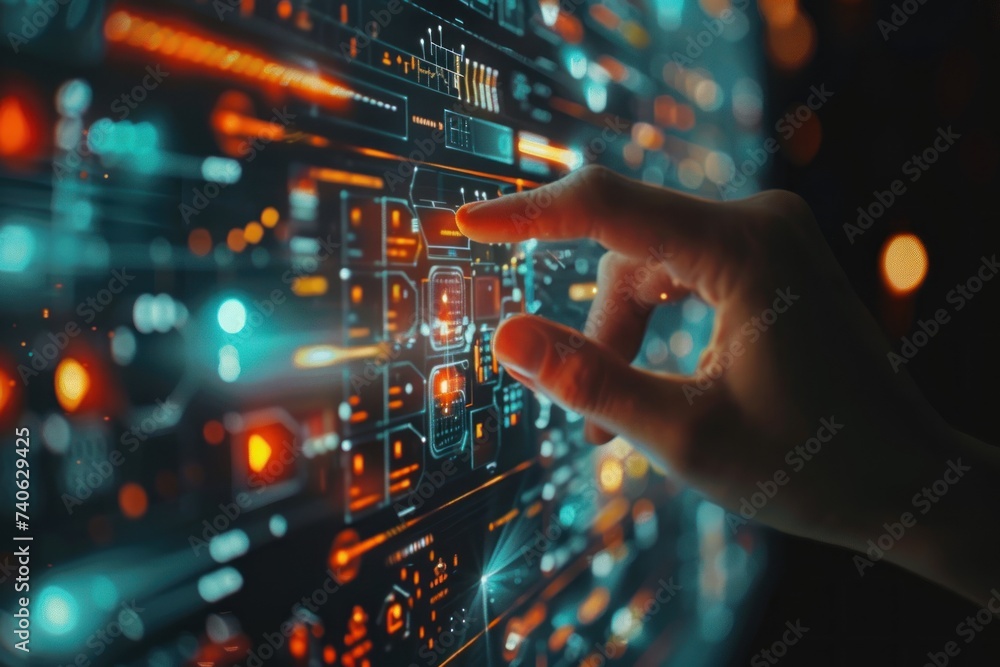 Poster finger pressing on digital circuit panel symbolizing intersection of technology and business in futu