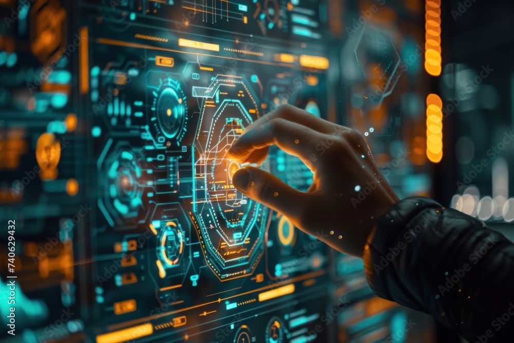 Poster finger pressing on digital circuit panel symbolizing intersection of technology and business in futu