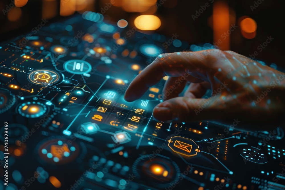 Poster finger pressing on digital circuit panel symbolizing intersection of technology and business in futu
