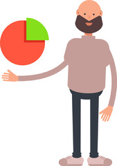 Beard Man Character Holding Pie Chart
