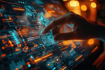 Finger pressing on digital circuit panel symbolizing intersection of technology and business in future concept highlighting modern computer interfaces with focus on innovation data and network systems