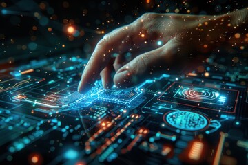 Finger pressing on digital circuit panel symbolizing intersection of technology and business in future concept highlighting modern computer interfaces with focus on innovation data and network systems