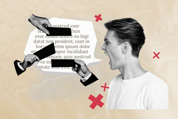 Side profile photo collage of young guy screaming speech bubble cloud info that makes him...