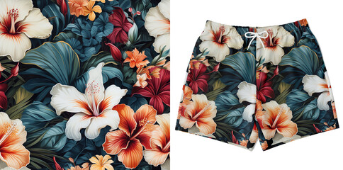 Fashion Shorts  Hawaiian floral pattern Seamless pattern with colorful tropical hibiscus flowers, exotic flower. Floral pattern for wallpaper or fabric, textile, clothes,  print design