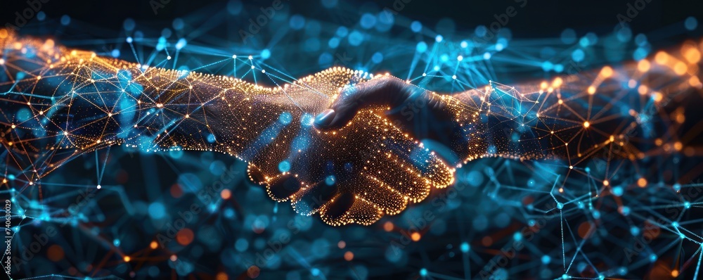 Poster close-up of a handshake blended with a digital network pattern, symbolizing connections and partners