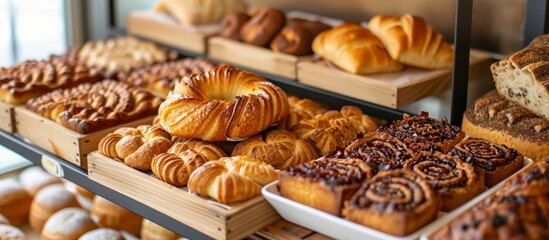 A variety of baked goods, including banitsa, are showcased on a shelf in the bakery