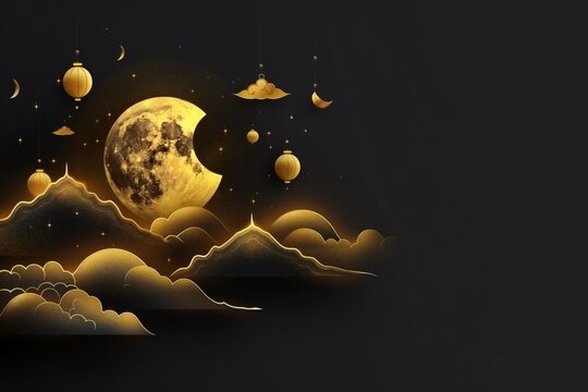 An emaus of golden moon with clouds and moon, on background black, in the style of traditional craftsmanship, hurufiyya, isometric website, dansaekhwa, festive atmosphere.