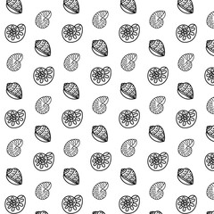 
Marine seamless background from hand-drawn seashells and stars. Marine pattern with shellfish isolated on white.