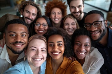 Joyful team of colleagues in office setting radiating happiness and togetherness group of young men and women including businessmen and businesswomen sharing moment of laughter and enjoyment