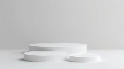 Three empty round white podiums for displaying products on a white background, minimal stage for presentation