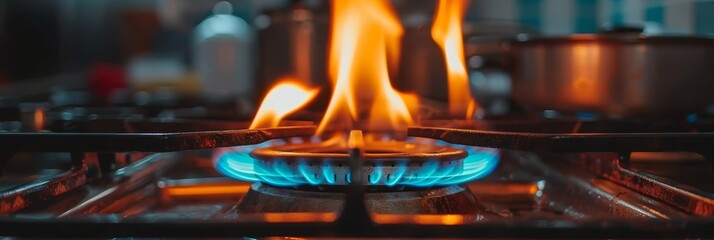 Intense blue flames of propane gas on domestic kitchen stove top with copy space - obrazy, fototapety, plakaty