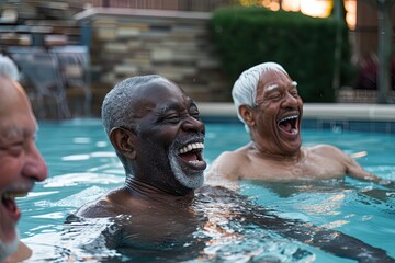 Group of senior multiethnic male friends swimming in a resort pool during summer vacations.