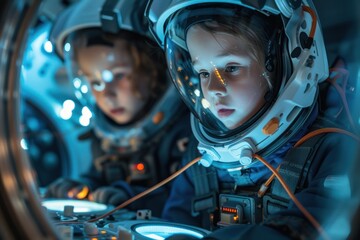 Focused and curious children wearing astronaut helmets are illuminated by the glow of spacecraft control lights during a simulated space mission.