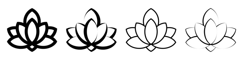 Set of lotus flowers line icons. Lotus black silhouette icons. Vector illustration isolated on white background. - obrazy, fototapety, plakaty