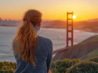 Red hair woman staring at Golden Gate bridge in San Francisco, California