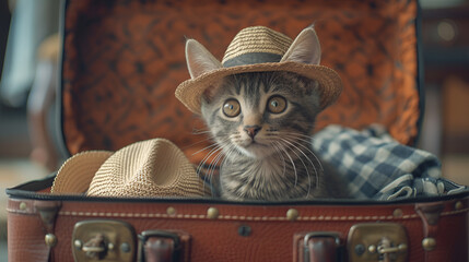 Cute Gray Tabby Cat Sitting in an Open Suitcase, Domestic Feline Pet Relaxing in Luggage, Adorable Kitty Resting in Travel Bag, Animal Companion on Journey Adventure, Generative AI

